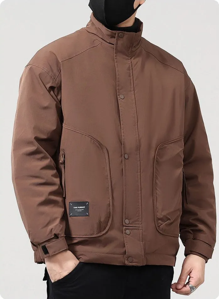 Solid Water-Resistant Puffer Jacket for Men with Cargo Style and Zip-Up Closure