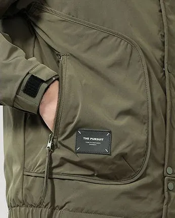 Solid Water-Resistant Puffer Jacket for Men with Cargo Style and Zip-Up Closure
