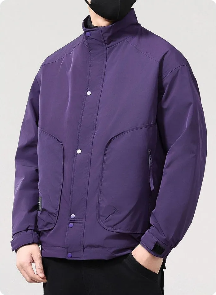 Solid Water-Resistant Puffer Jacket for Men with Cargo Style and Zip-Up Closure