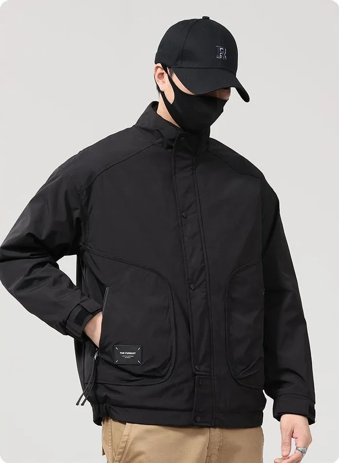 Solid Water-Resistant Puffer Jacket for Men with Cargo Style and Zip-Up Closure