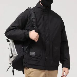 Solid Water-Resistant Puffer Jacket for Men with Cargo Style and Zip-Up Closure