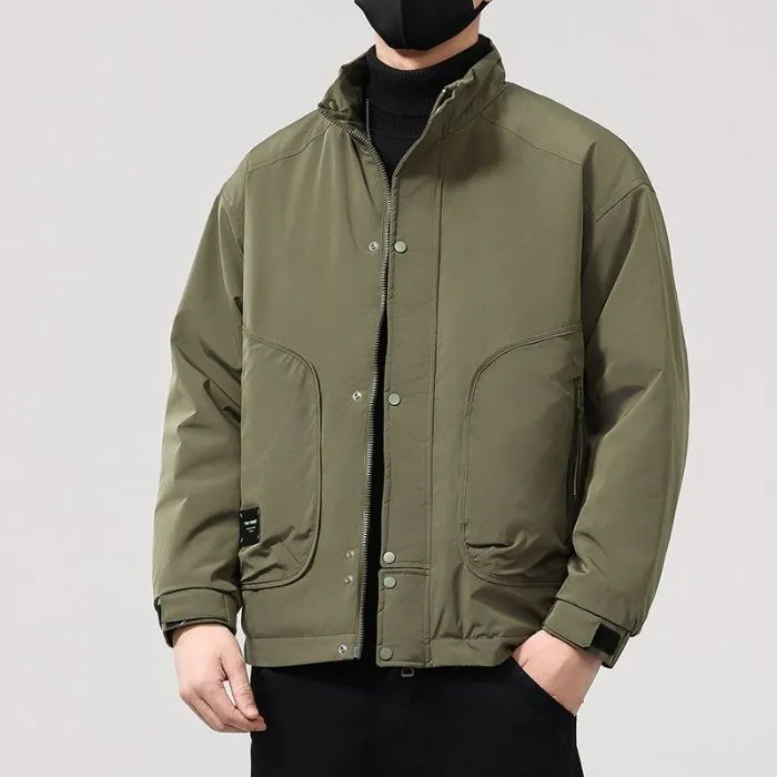 Solid Water-Resistant Puffer Jacket for Men with Cargo Style and Zip-Up Closure