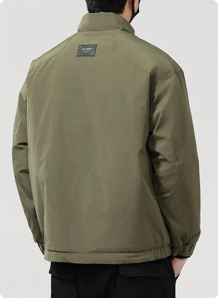 Solid Water-Resistant Puffer Jacket for Men with Cargo Style and Zip-Up Closure