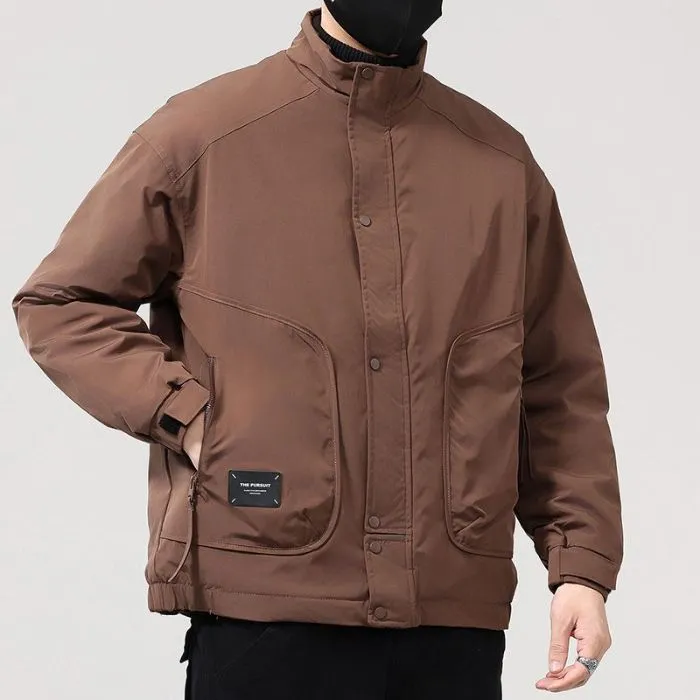 Solid Water-Resistant Puffer Jacket for Men with Cargo Style and Zip-Up Closure