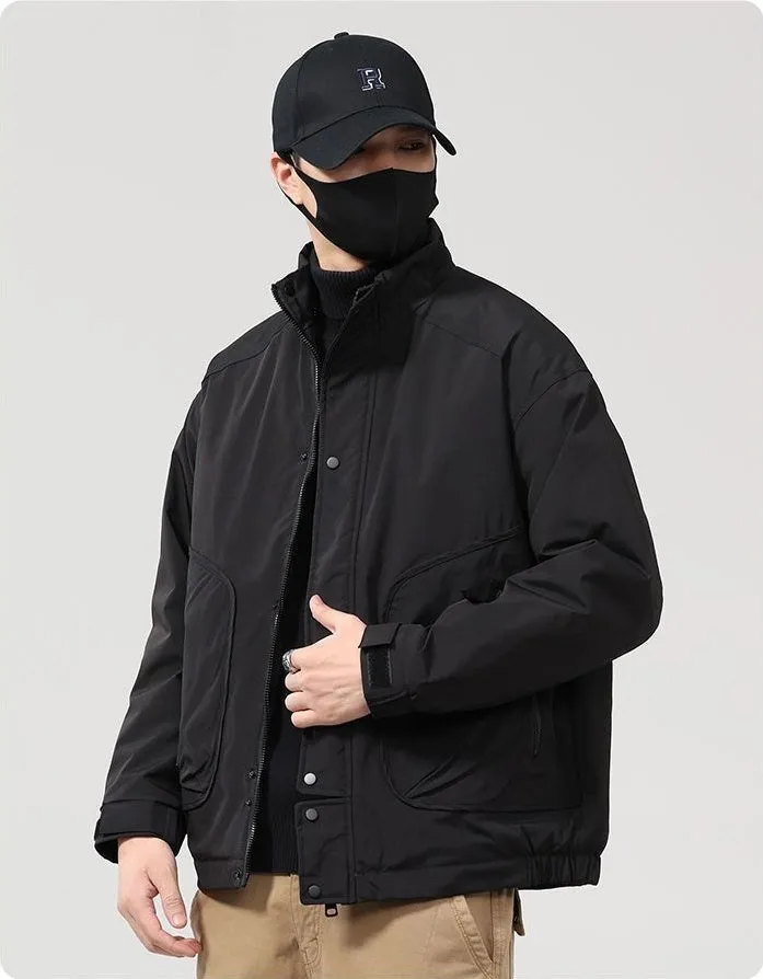 Solid Water-Resistant Puffer Jacket for Men with Cargo Style and Zip-Up Closure