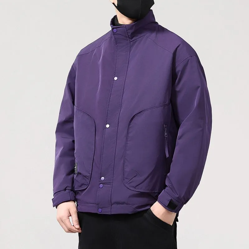 Solid Water-Resistant Puffer Jacket for Men with Cargo Style and Zip-Up Closure