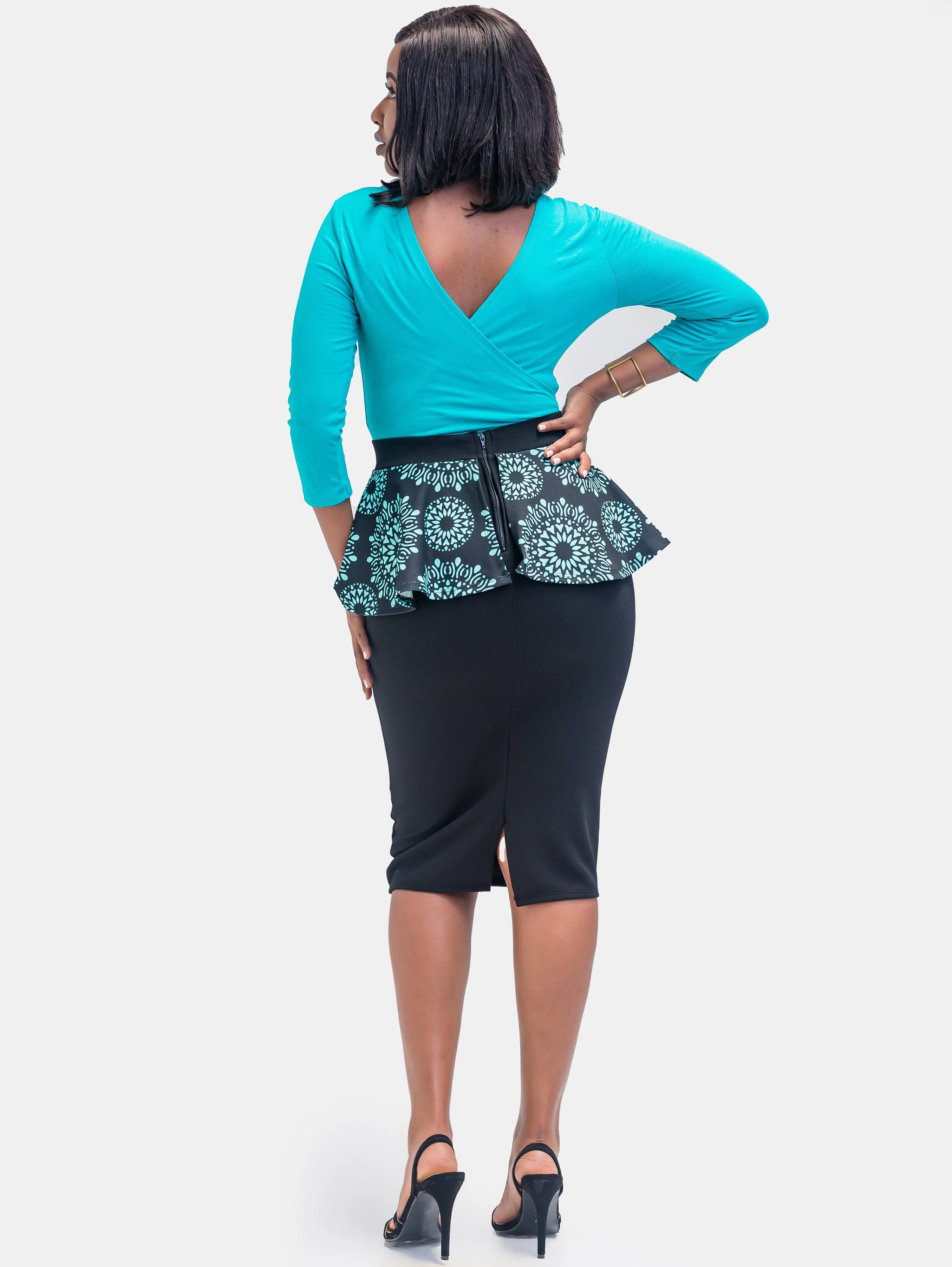 Sowairina ZaRa Peplum Skirt - Black Teal Print