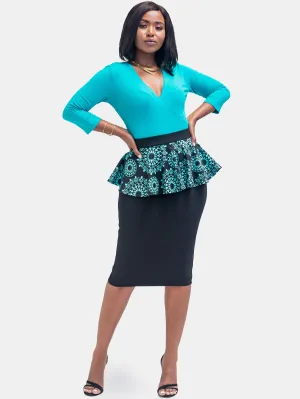 Sowairina ZaRa Peplum Skirt - Black Teal Print