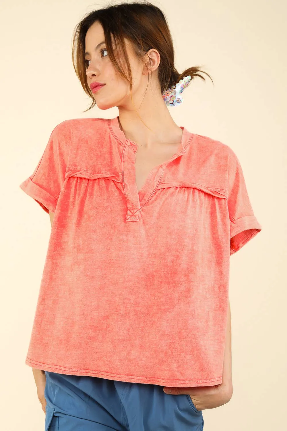 Split Neck Washed Knit Top