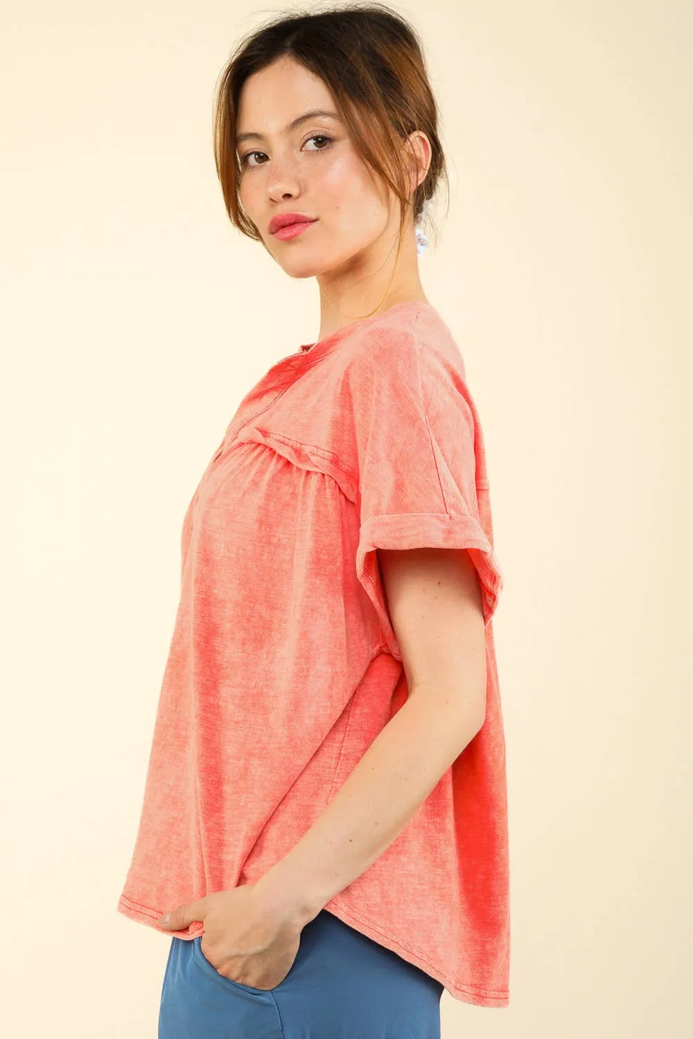 Split Neck Washed Knit Top