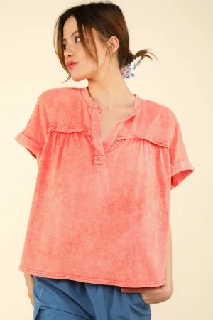 Split Neck Washed Knit Top