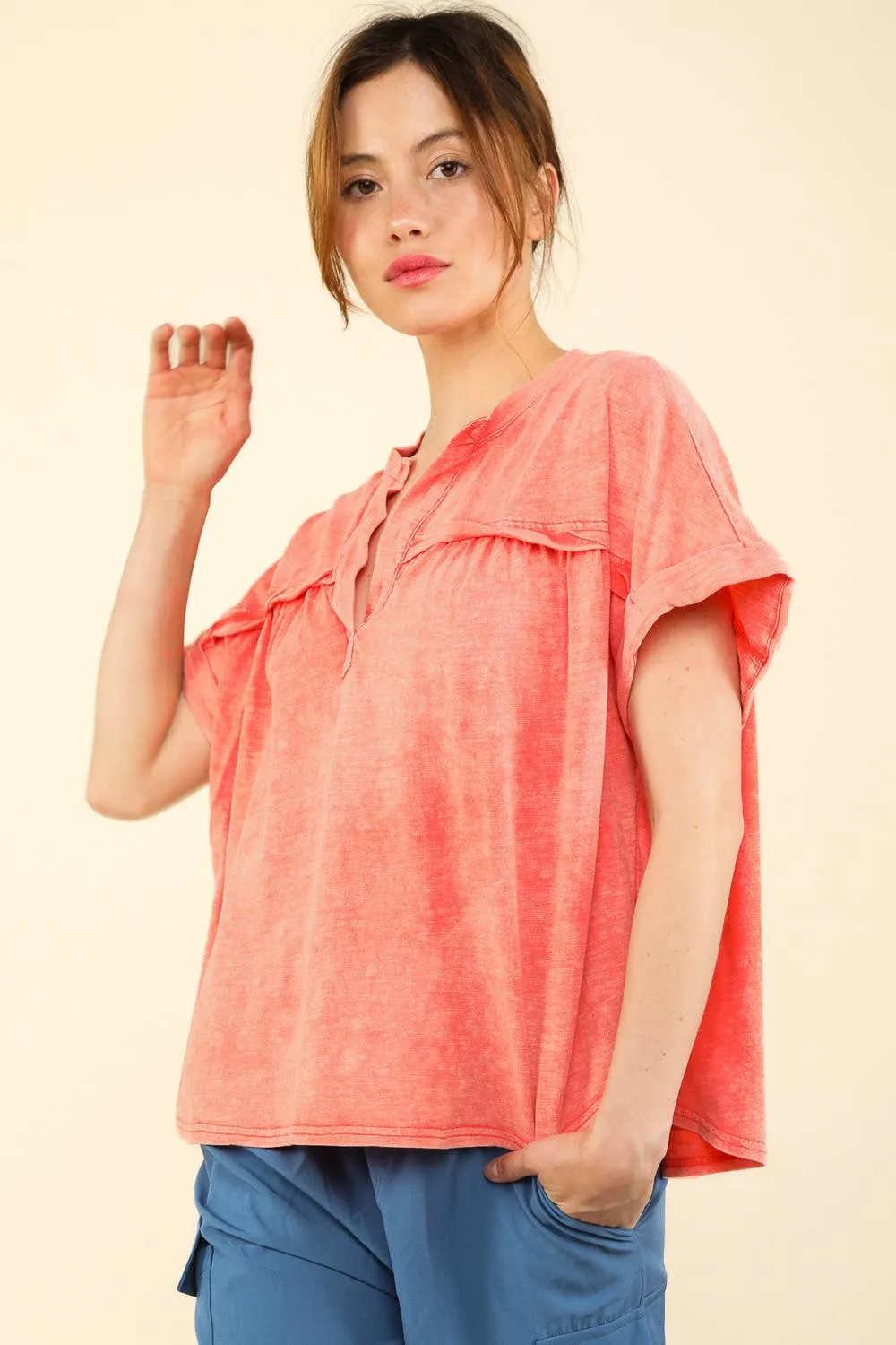 Split Neck Washed Knit Top