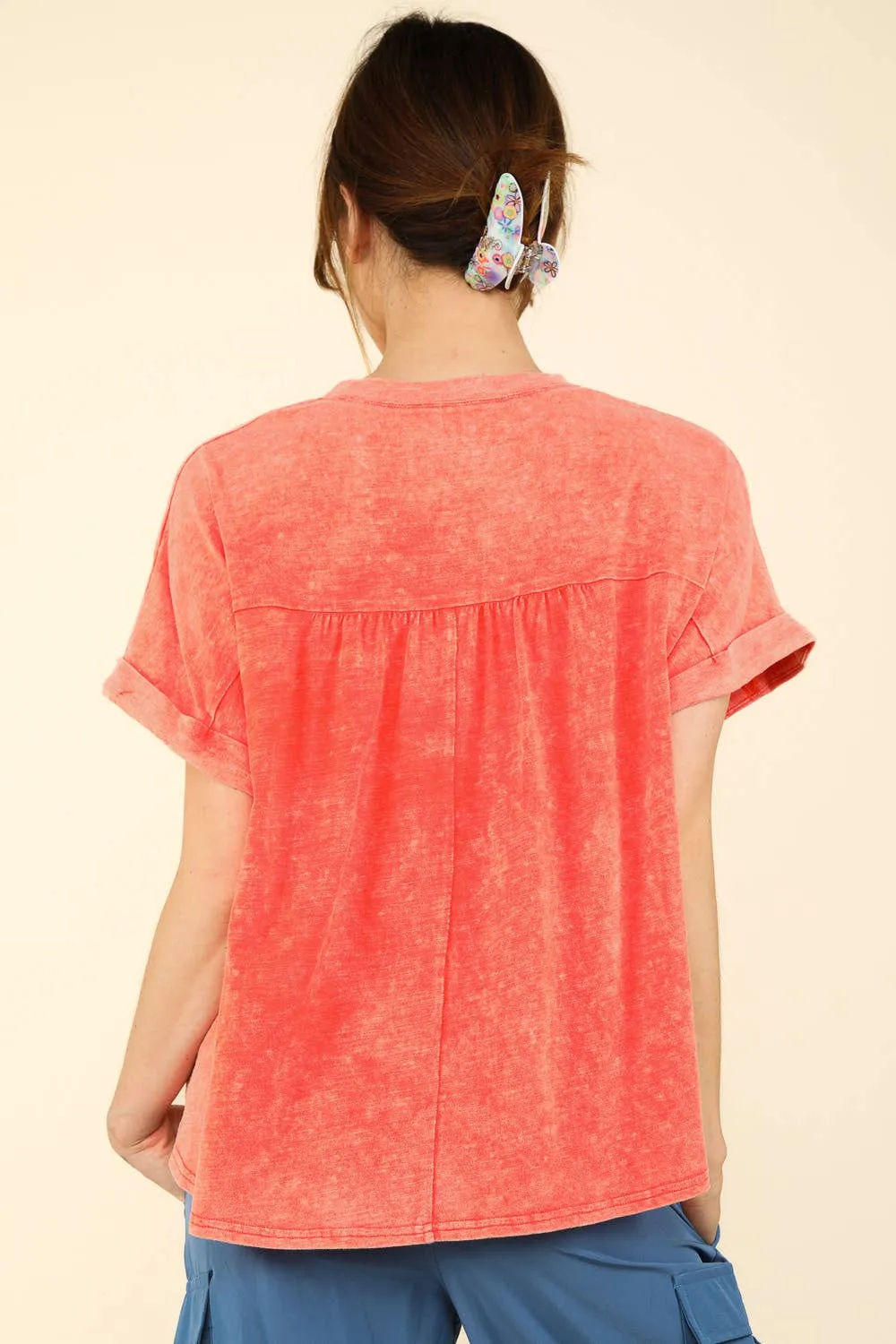 Split Neck Washed Knit Top