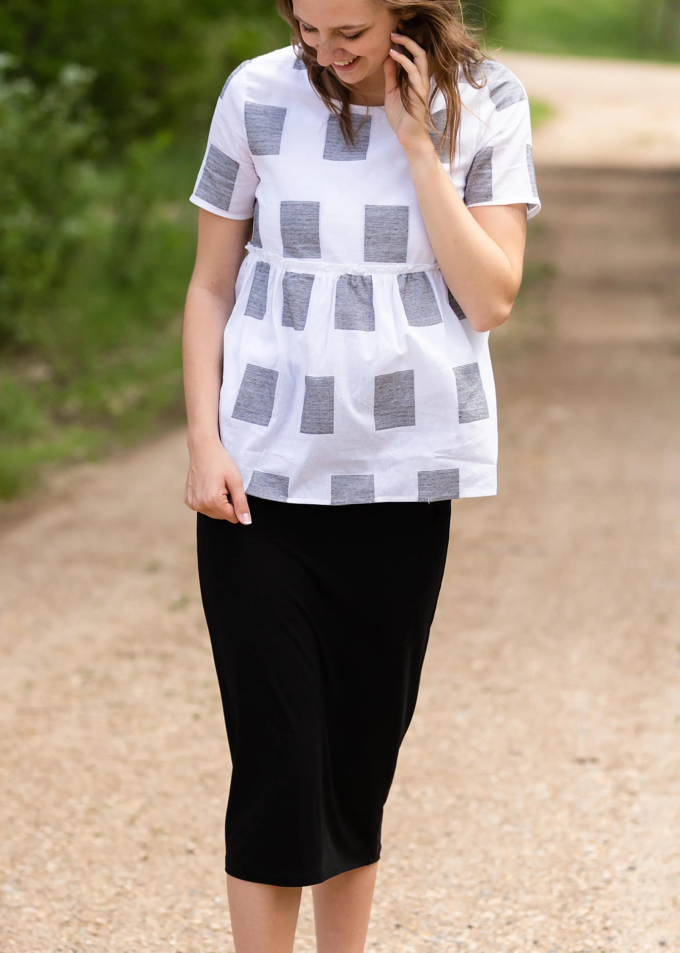 Square Print Peplum Short Sleeve Top - FINAL SALE