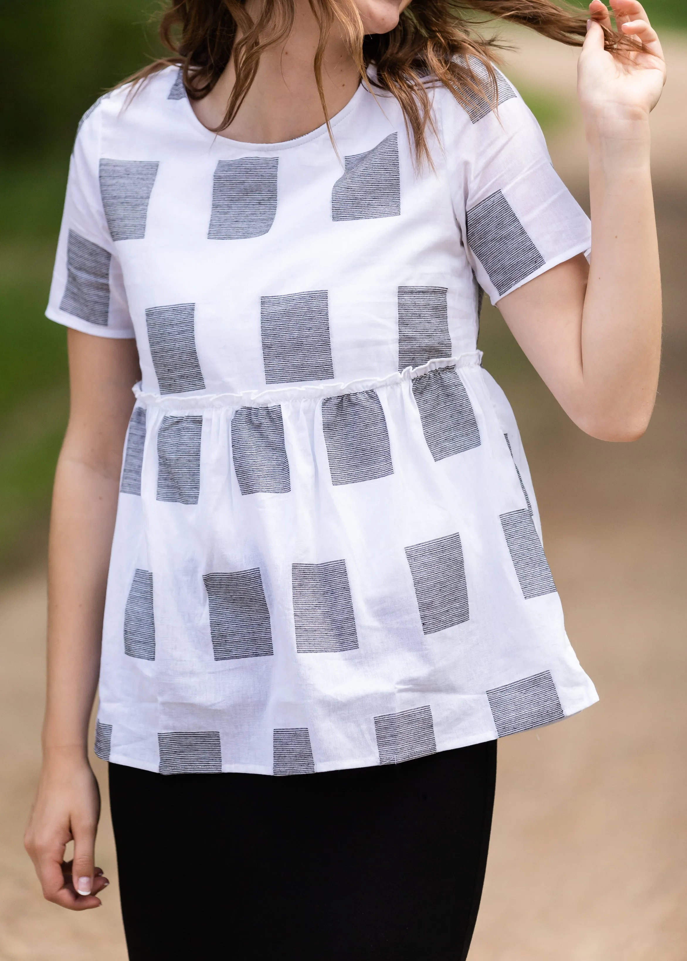 Square Print Peplum Short Sleeve Top - FINAL SALE
