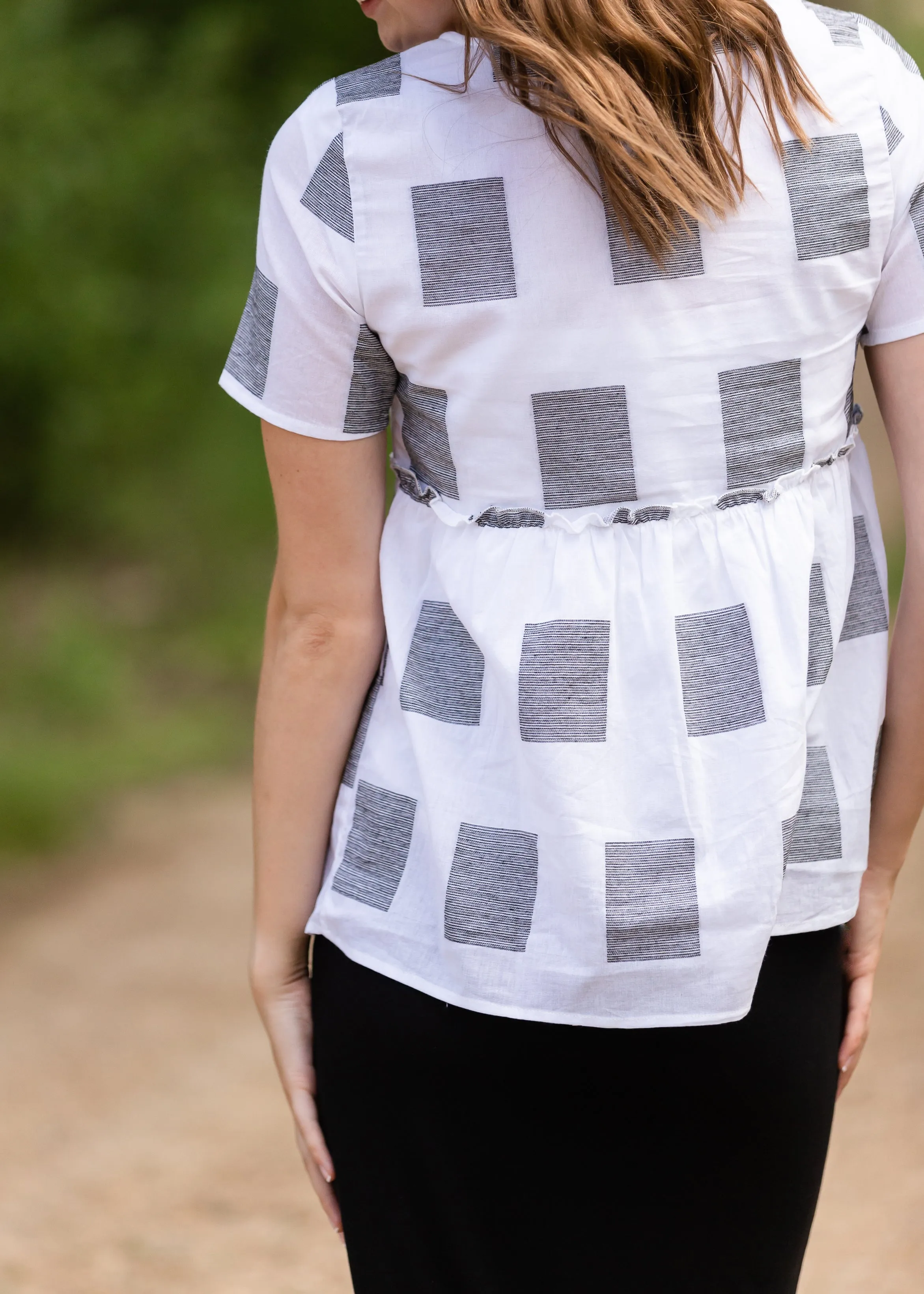 Square Print Peplum Short Sleeve Top - FINAL SALE