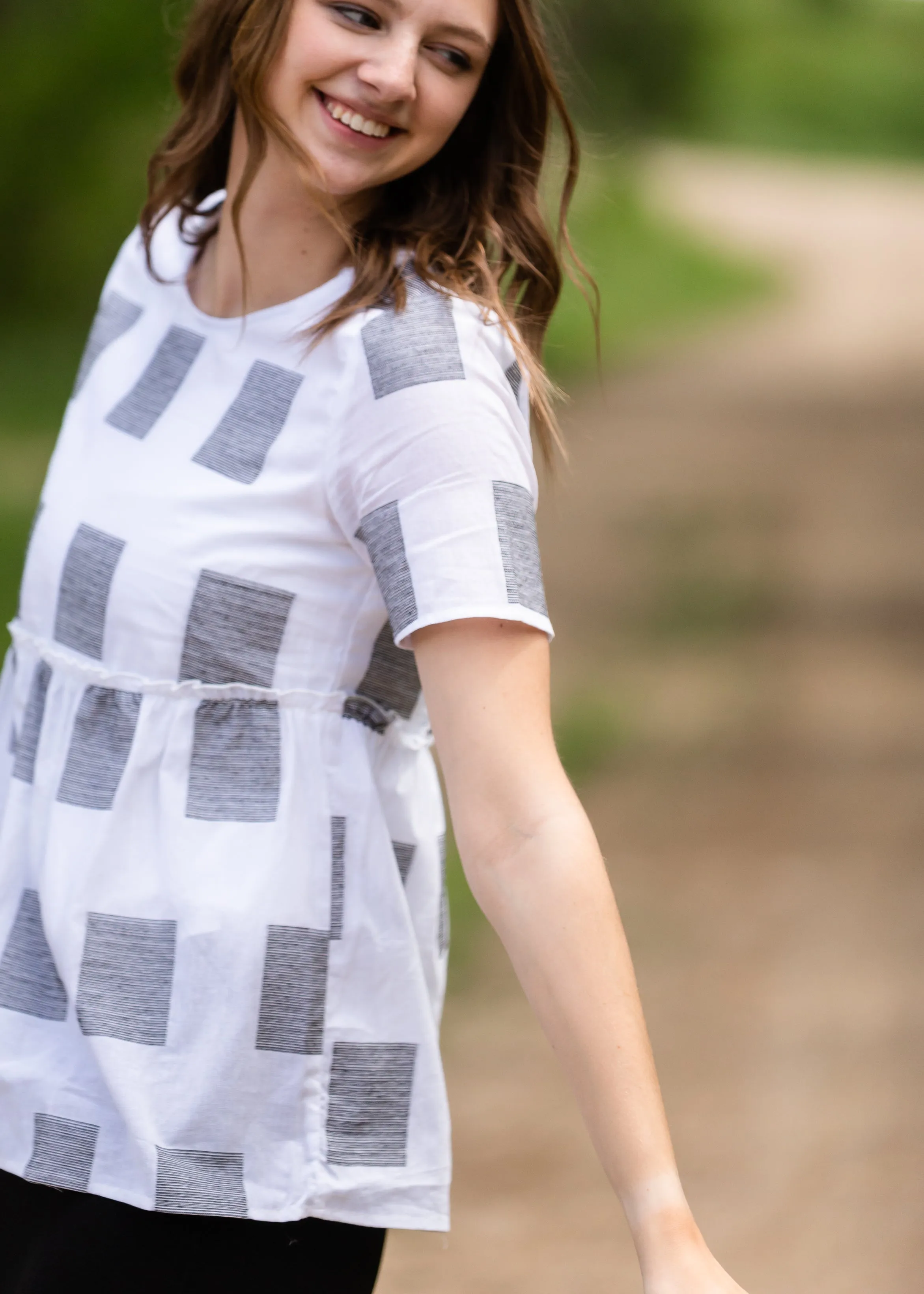 Square Print Peplum Short Sleeve Top - FINAL SALE