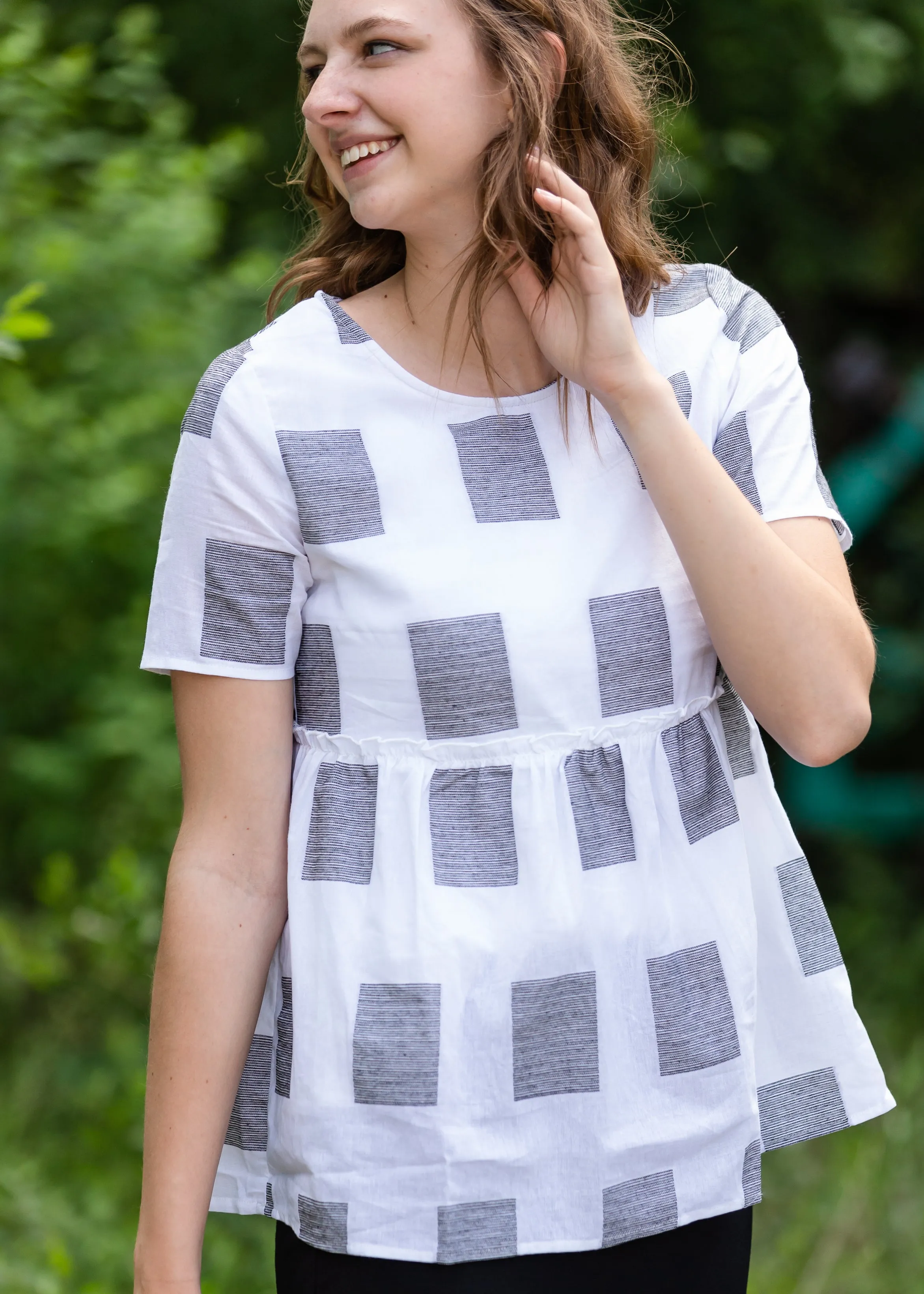 Square Print Peplum Short Sleeve Top - FINAL SALE