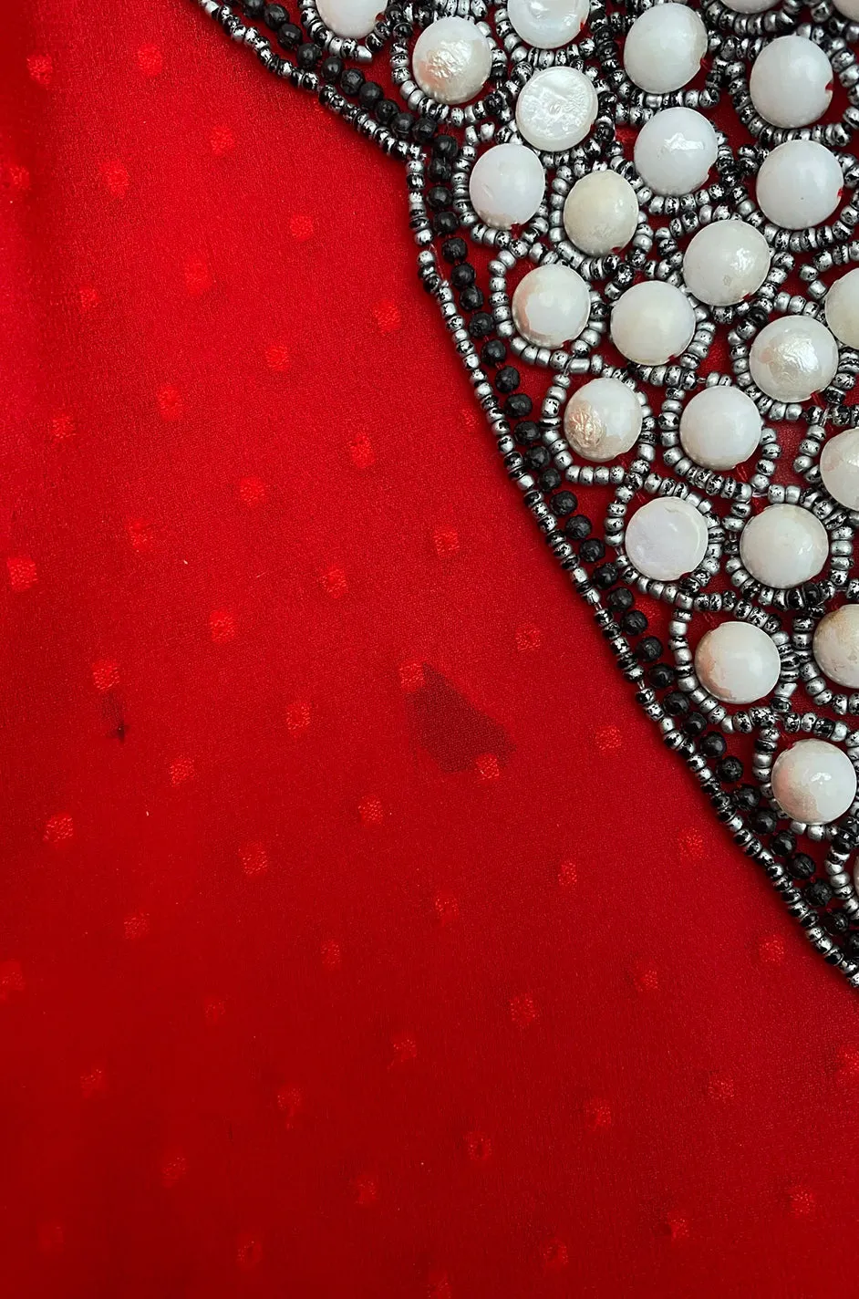 Striking 1970s Red Dotted Chiffon White Beaded Caftan Dress w Kimono Sleeves
