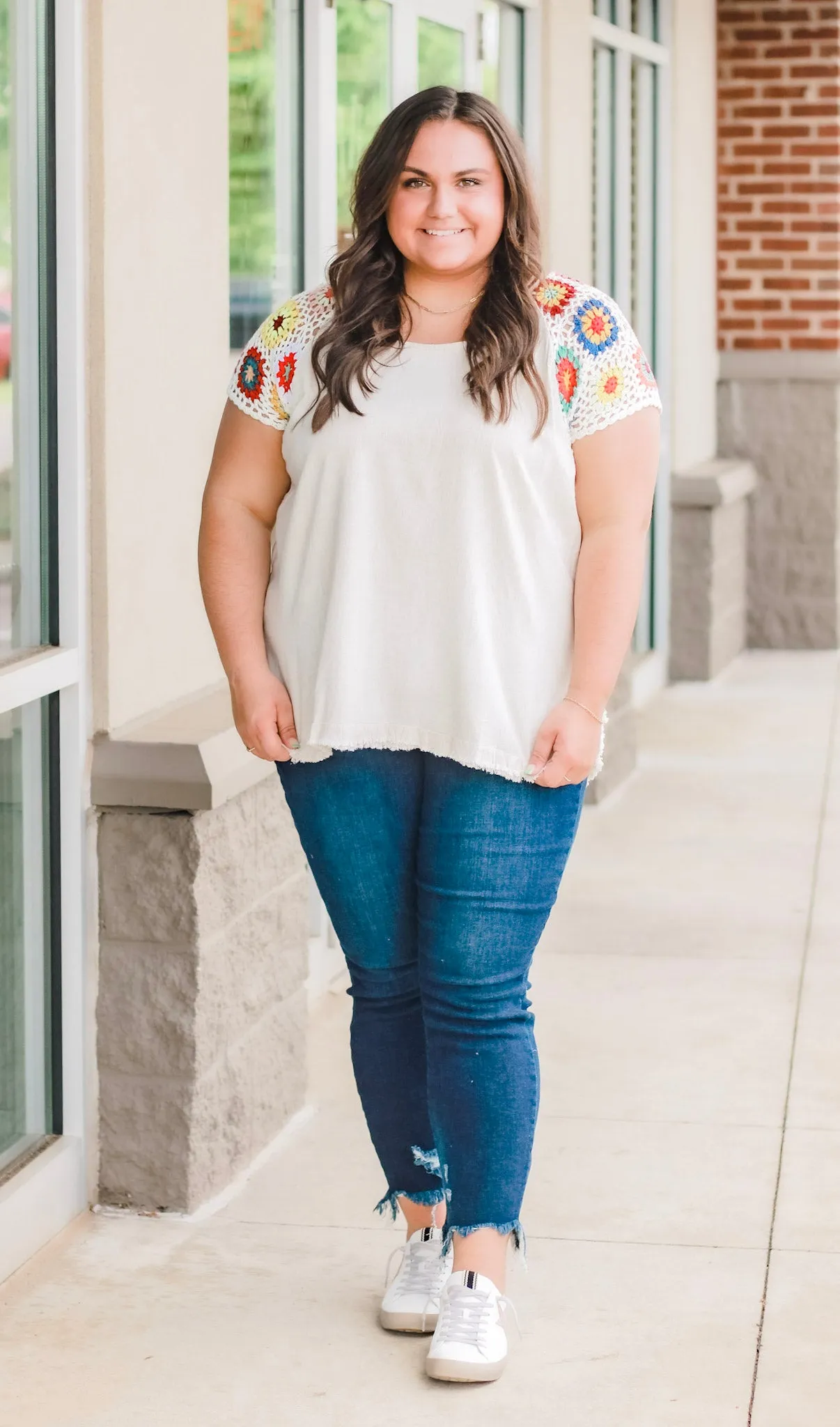 Summer Shores Crochet Sleeve Top in Oatmeal