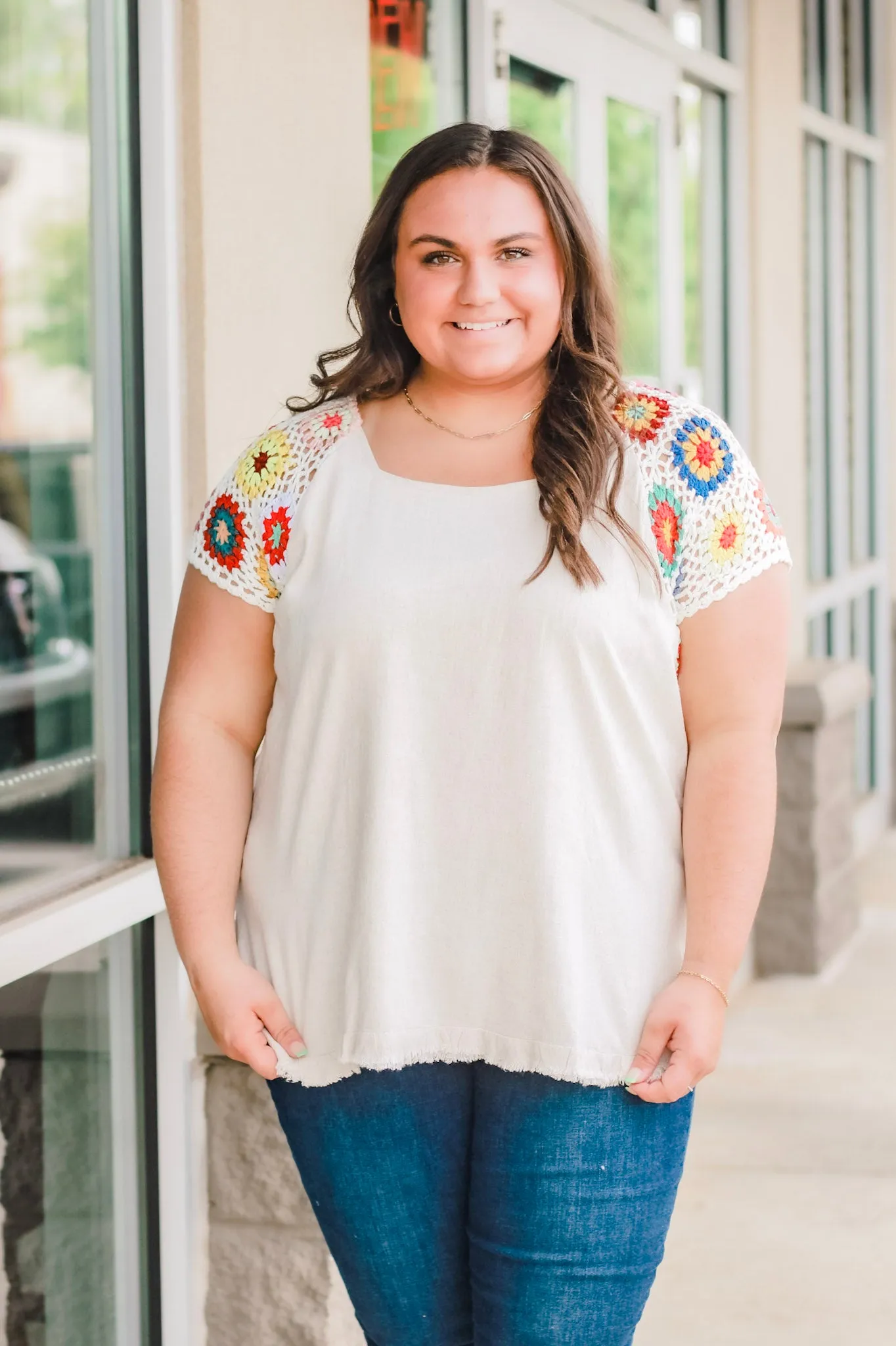 Summer Shores Crochet Sleeve Top in Oatmeal