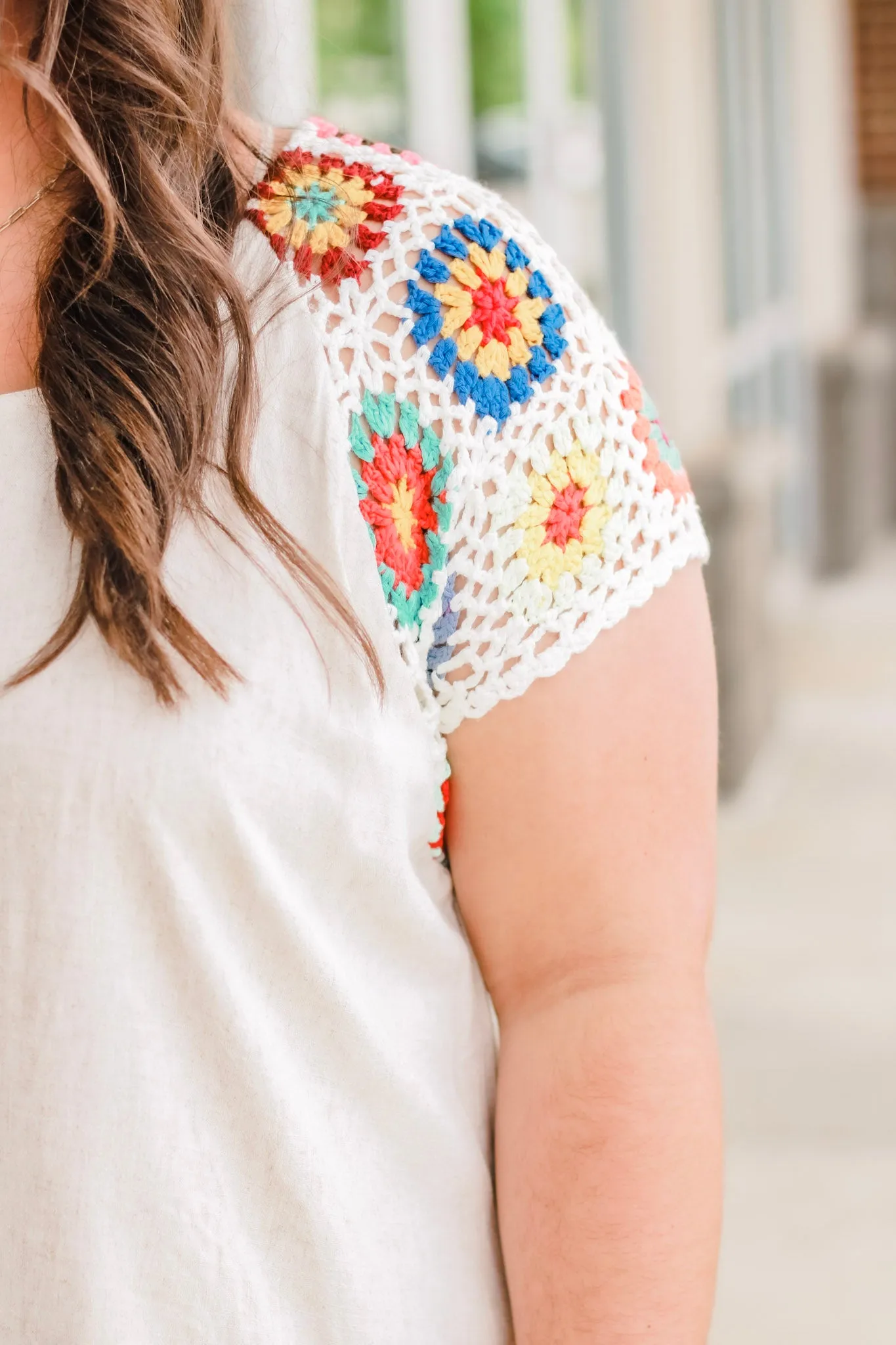 Summer Shores Crochet Sleeve Top in Oatmeal