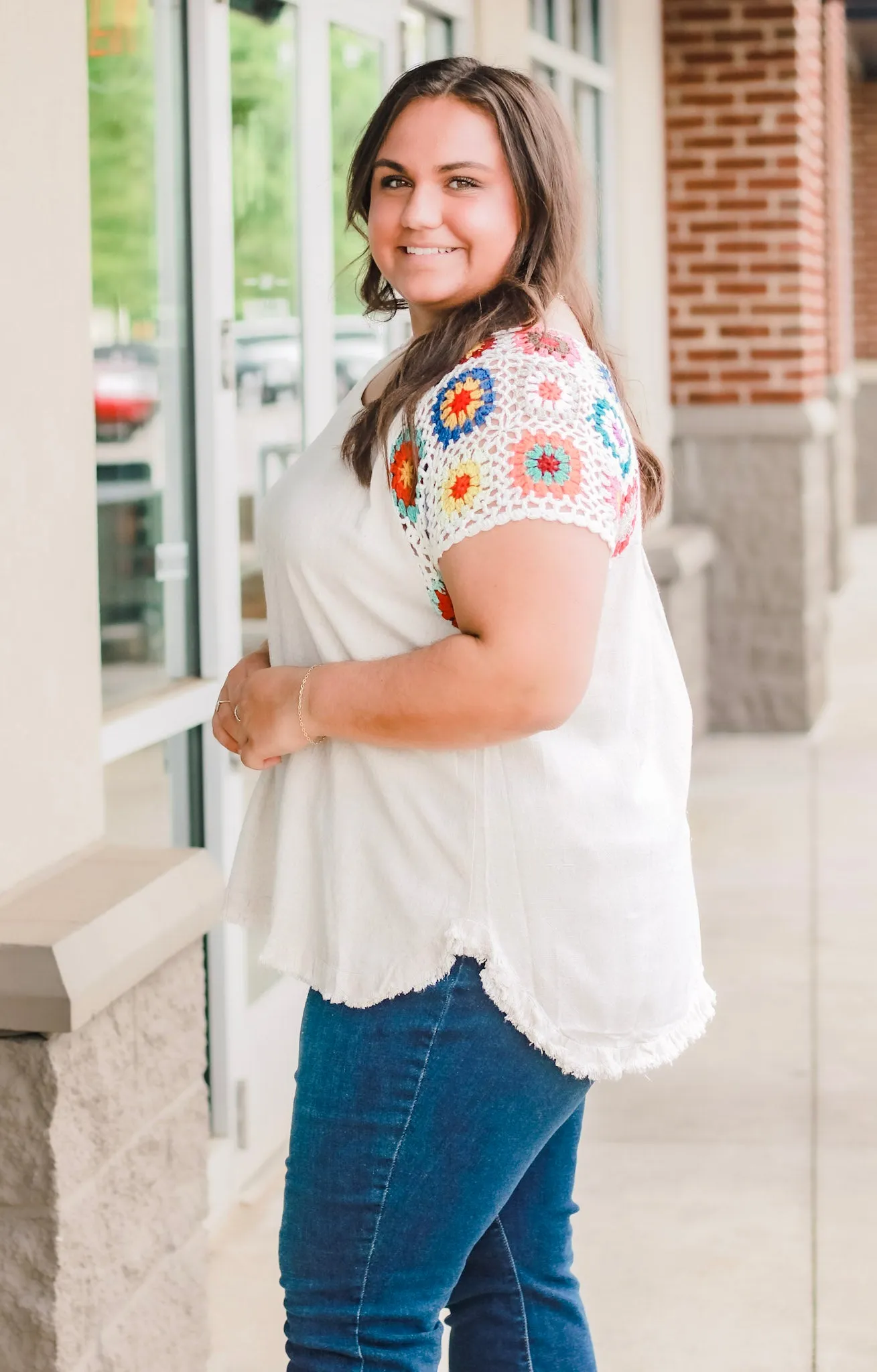 Summer Shores Crochet Sleeve Top in Oatmeal