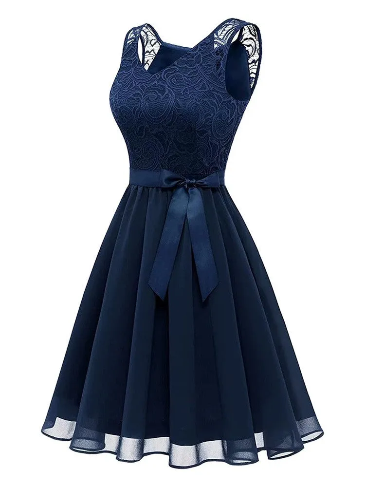 Summer Vintage Women V Neck Sleeveless Blue Midi Dress