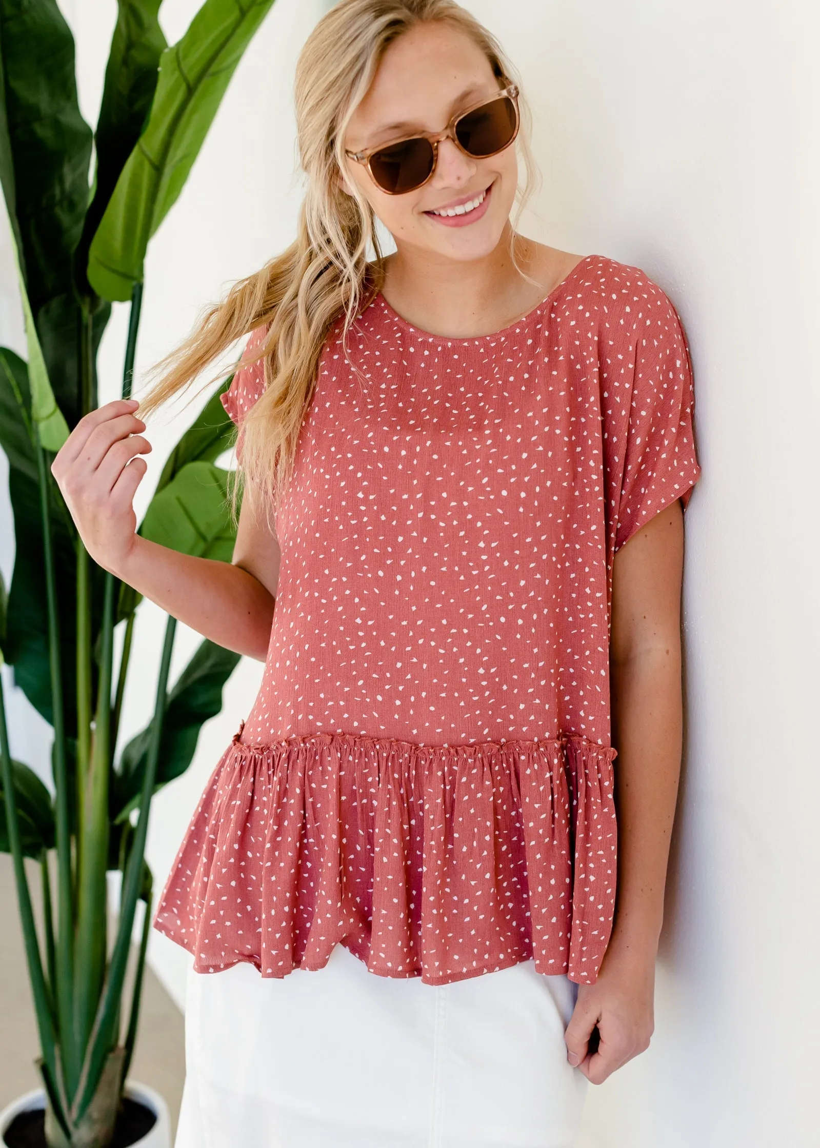 Terracotta Abstract Peplum Top