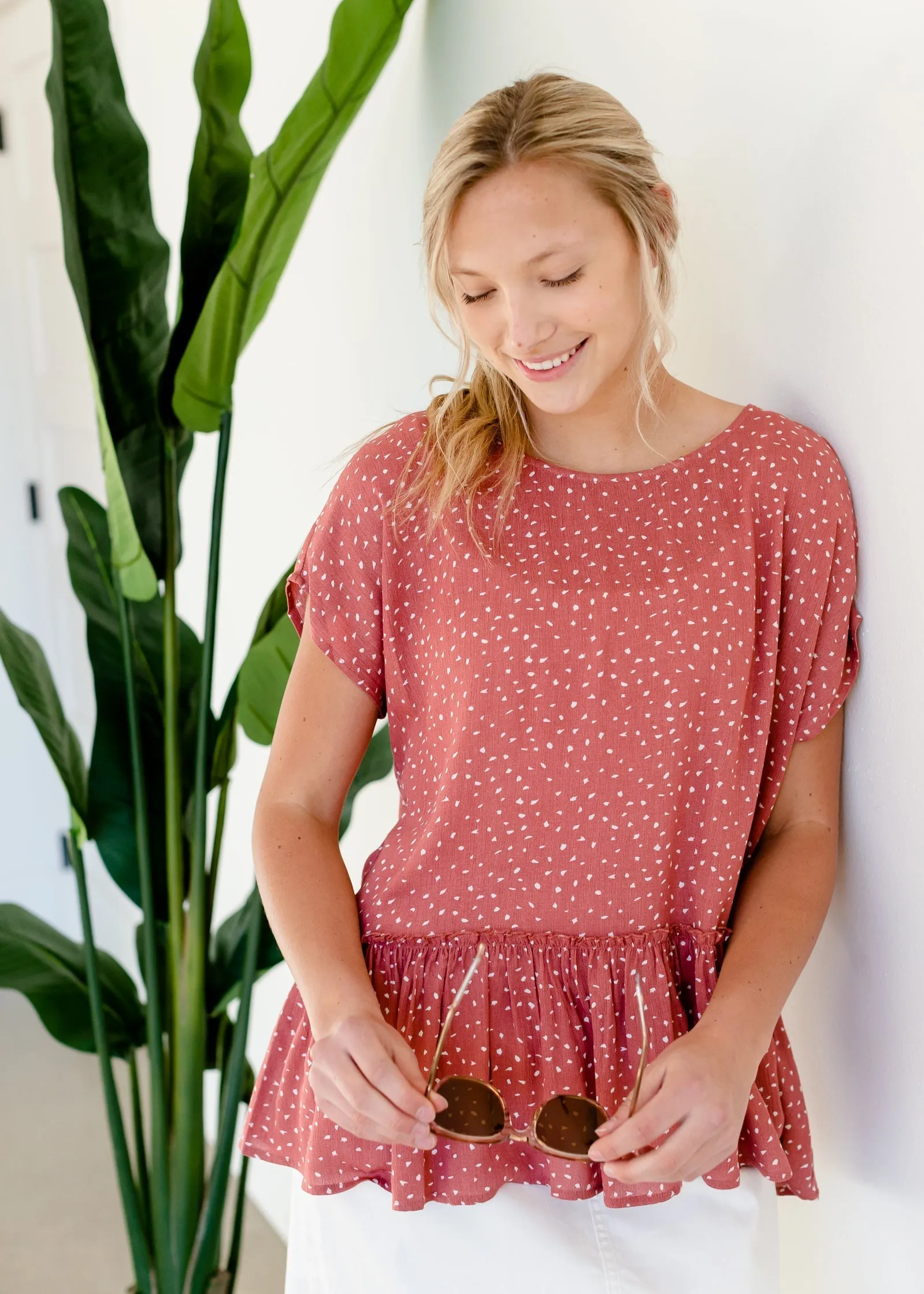 Terracotta Abstract Peplum Top