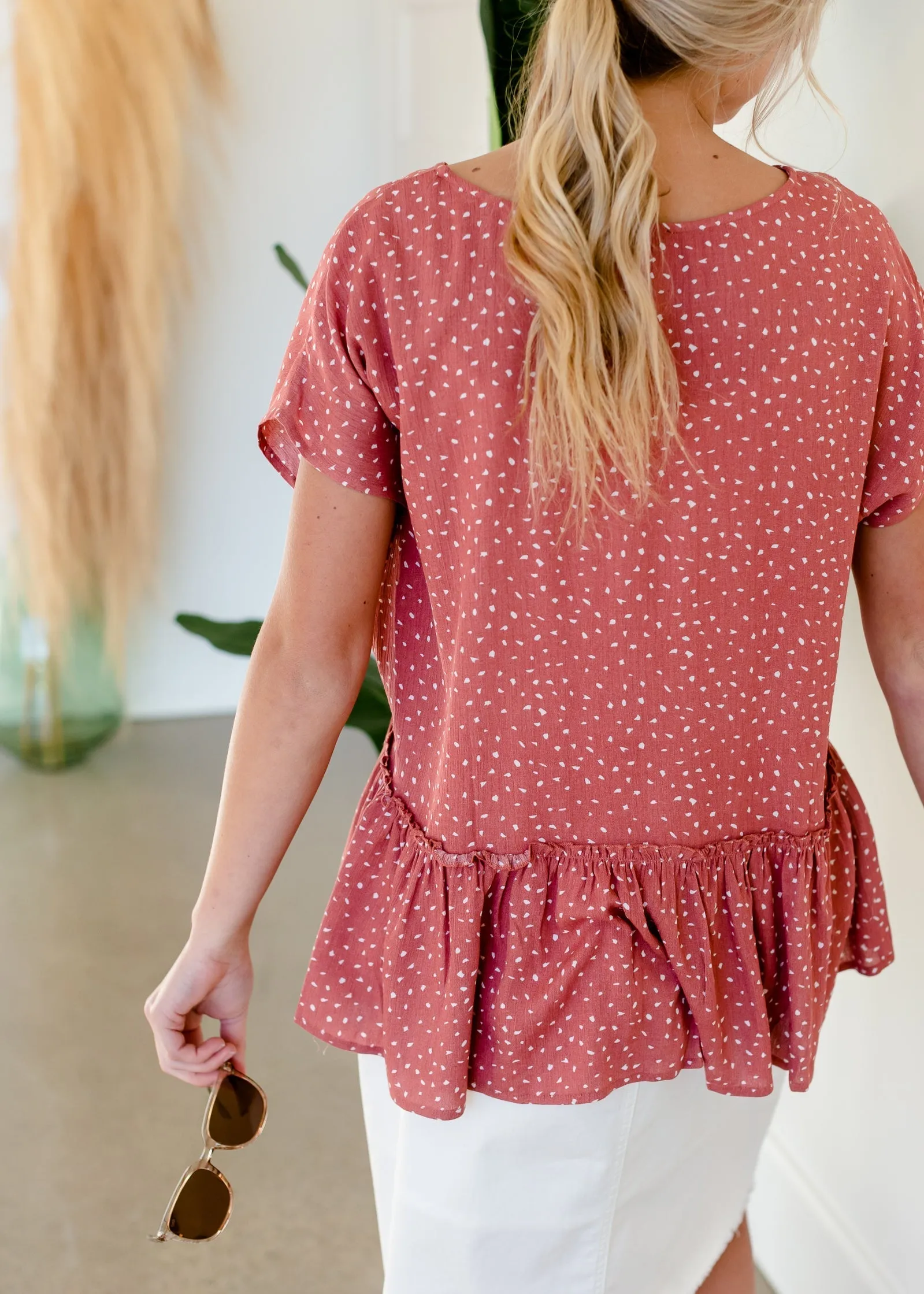 Terracotta Abstract Peplum Top