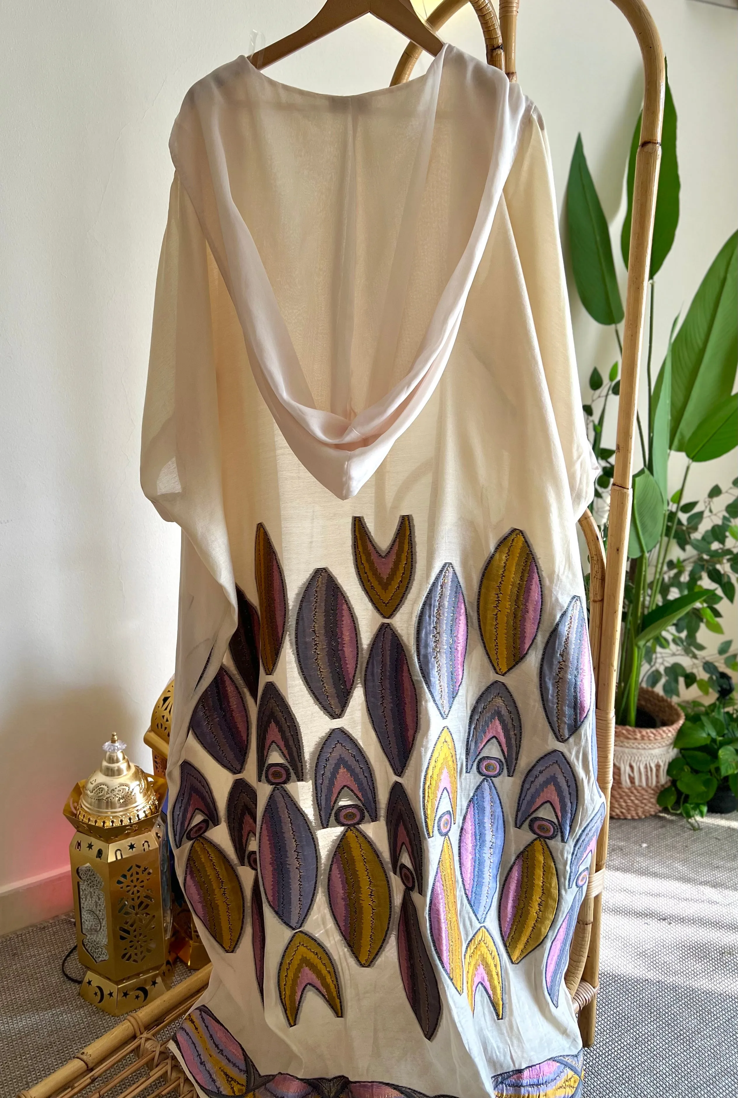 The Hooded Kaftan With Peacock Feathers Embroidery
