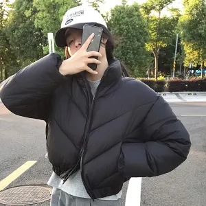 Thickened Relaxed-Fit Puffed Jacket with Elastic Band Cuffs for Women