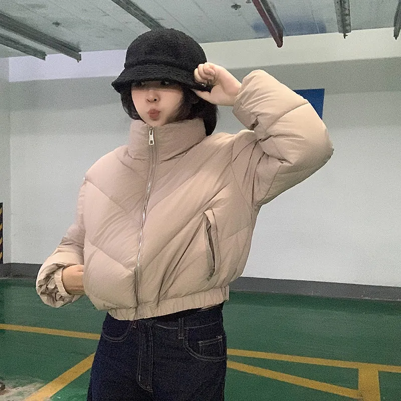 Thickened Relaxed-Fit Puffed Jacket with Elastic Band Cuffs for Women