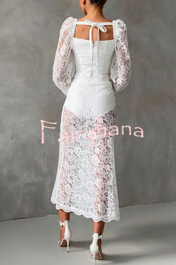 Timeless Moment Floral Lace Square Neck Button Up Balloon Sleeve Top