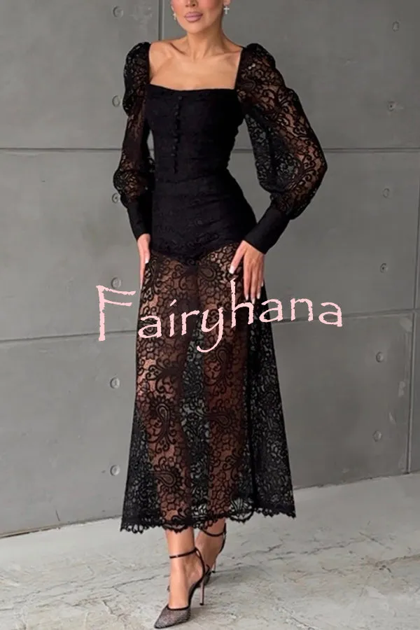 Timeless Moment Floral Lace Square Neck Button Up Balloon Sleeve Top