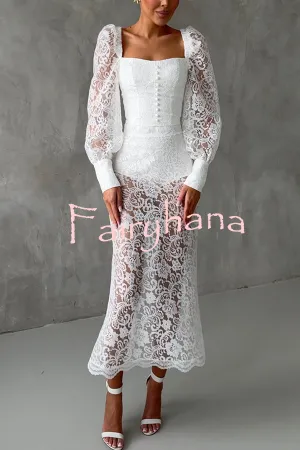 Timeless Moment Floral Lace Square Neck Button Up Balloon Sleeve Top