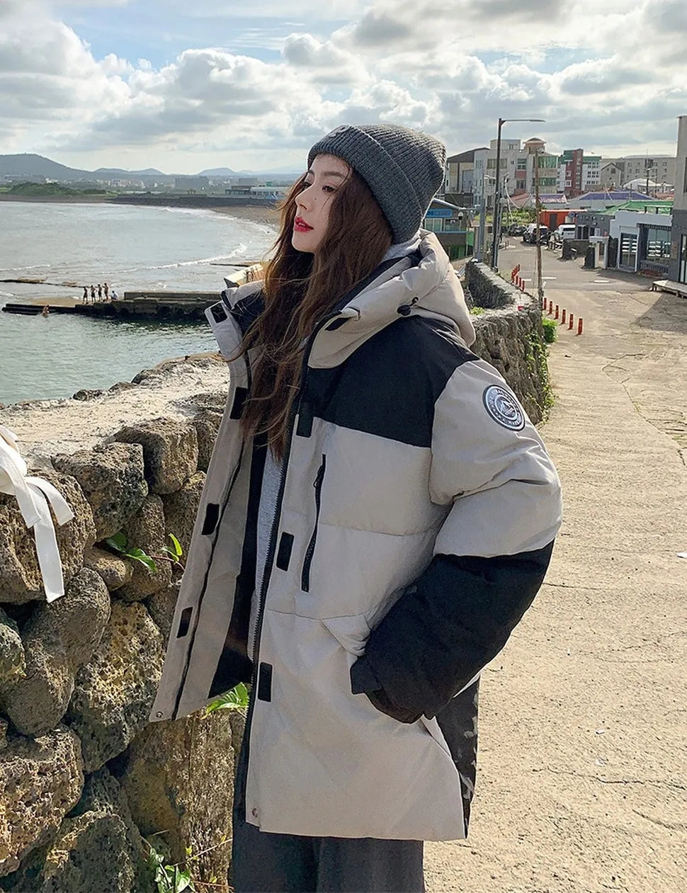 Trendy Two-Tone Women's Puffer Jacket with In-Seam Pockets