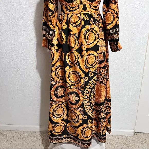 Tribal Boho Black &amp; Gold Silk Lingerie Kimono Belted Robe Loungewear Large