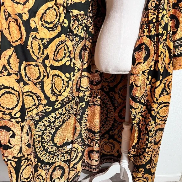 Tribal Boho Black &amp; Gold Silk Lingerie Kimono Belted Robe Loungewear Large