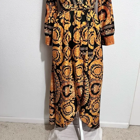 Tribal Boho Black &amp; Gold Silk Lingerie Kimono Belted Robe Loungewear Large