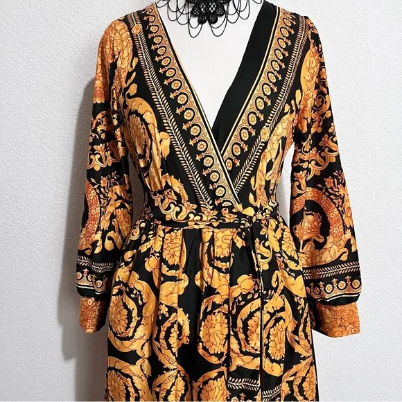 Tribal Boho Black &amp; Gold Silk Lingerie Kimono Belted Robe Loungewear Large