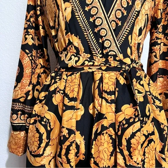 Tribal Boho Black &amp; Gold Silk Lingerie Kimono Belted Robe Loungewear Large