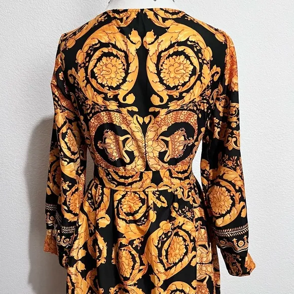 Tribal Boho Black &amp; Gold Silk Lingerie Kimono Belted Robe Loungewear Large
