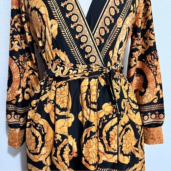 Tribal Boho Black &amp; Gold Silk Lingerie Kimono Belted Robe Loungewear Large