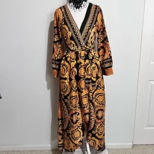 Tribal Boho Black &amp; Gold Silk Lingerie Kimono Belted Robe Loungewear Large