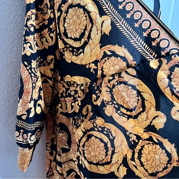 Tribal Boho Black &amp; Gold Silk Lingerie Kimono Belted Robe Loungewear Large