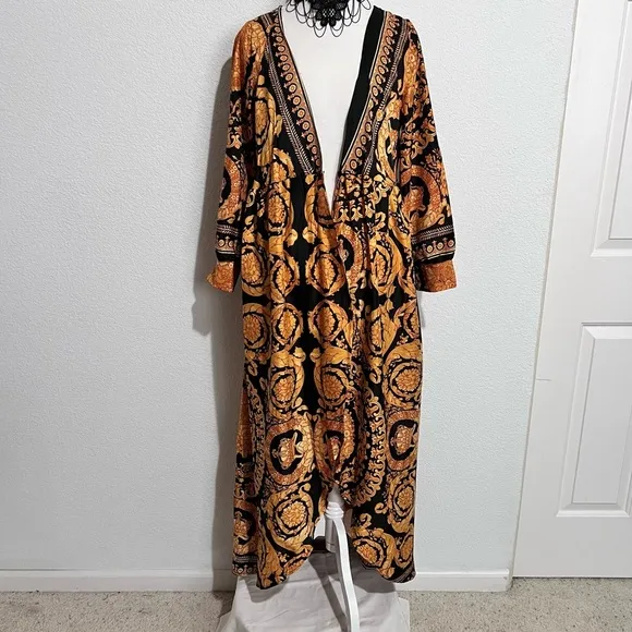 Tribal Boho Black &amp; Gold Silk Lingerie Kimono Belted Robe Loungewear Large