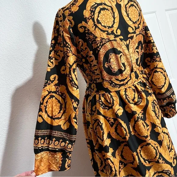Tribal Boho Black &amp; Gold Silk Lingerie Kimono Belted Robe Loungewear Large
