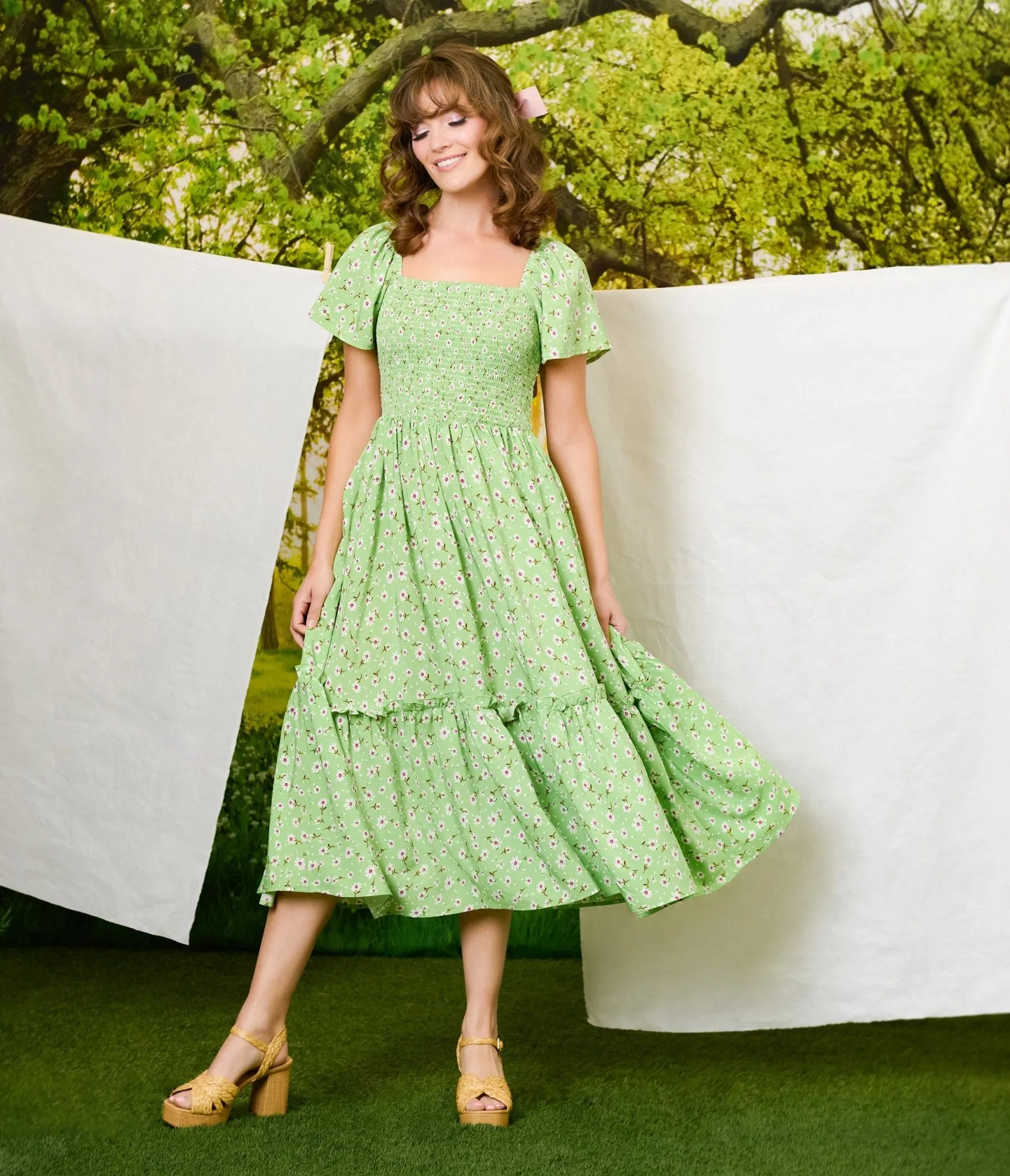 Unique Vintage Green & White Ditsy Floral Smocked Bodice Midi Dress
